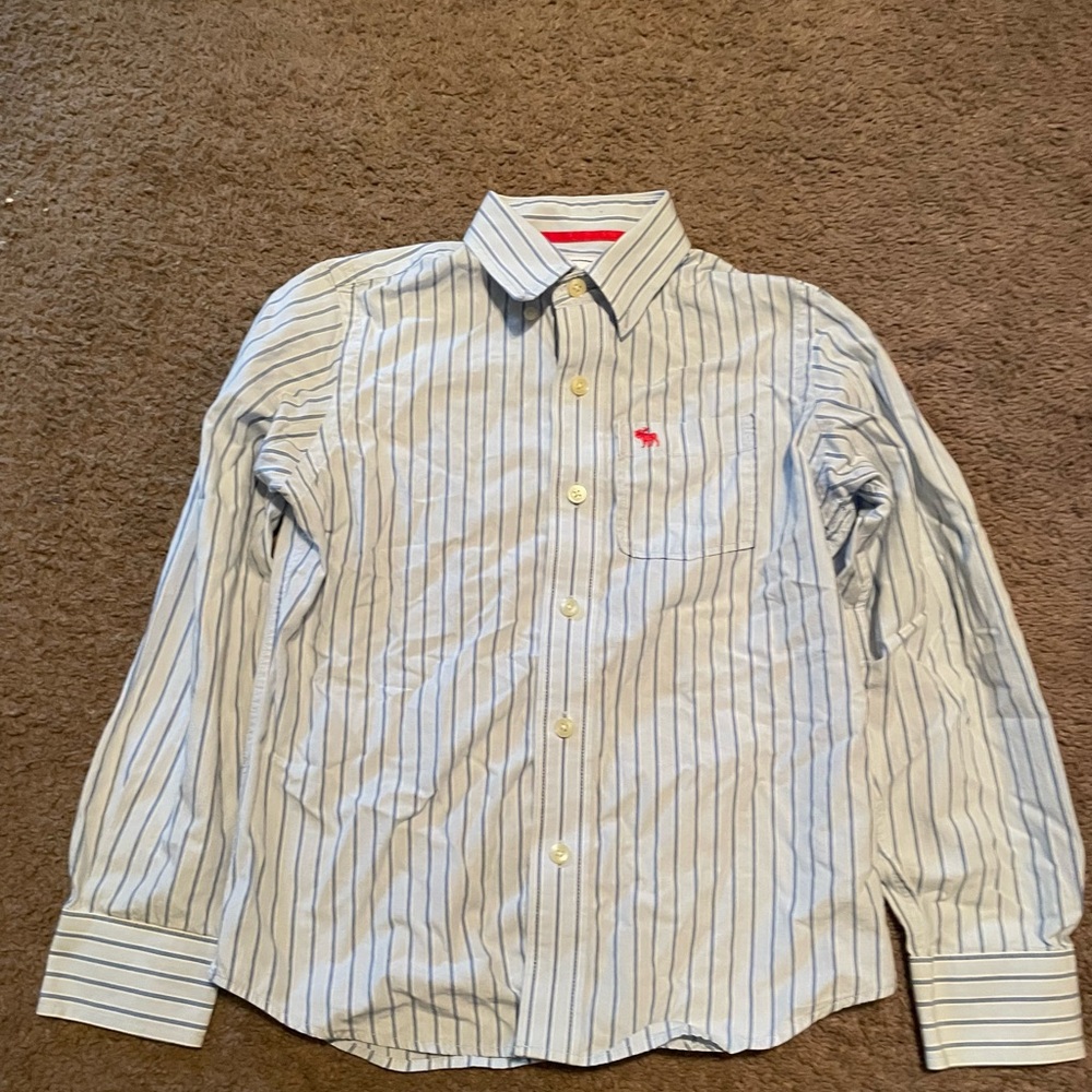 Abercrombie & Fitch Light Blue and White Striped Dress Shirt with Red Logo